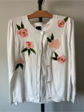 Aaeda Needle Felted Floral Puff Sleeve Cardigan Sweater Cottagecore Grandma